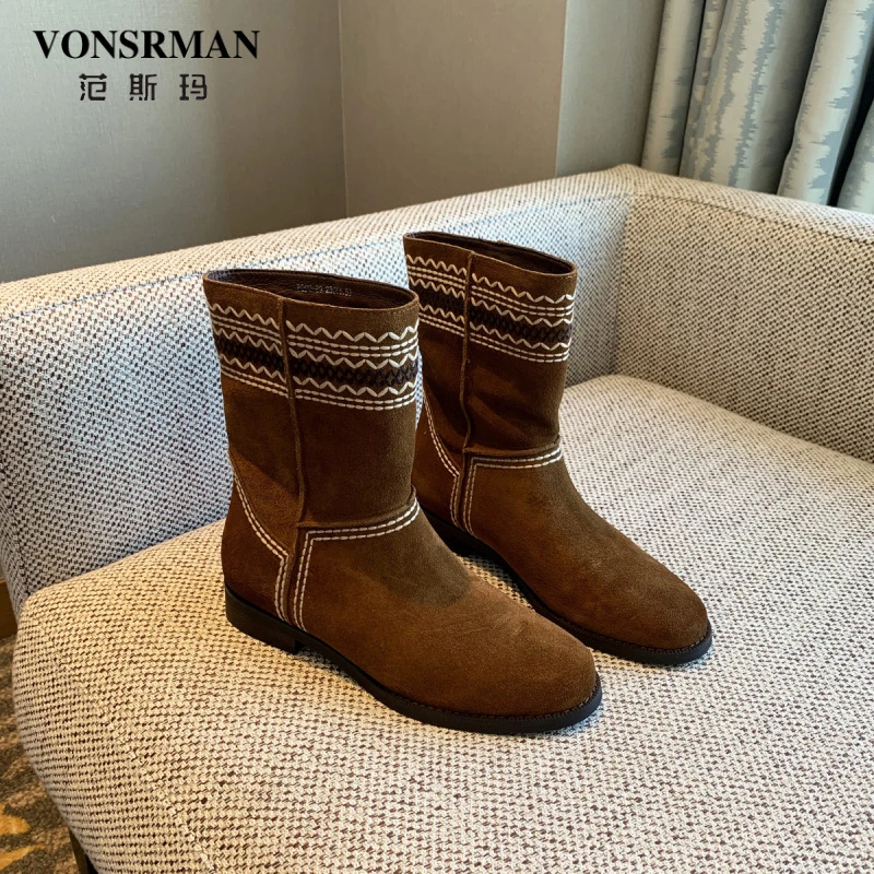 范斯玛森系复古牛皮靴子2025新款美拉德时髦西部靴平底低跟短靴