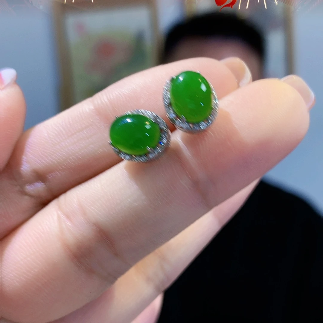 和田玉（碧玉）耳饰银S925镀金镶嵌