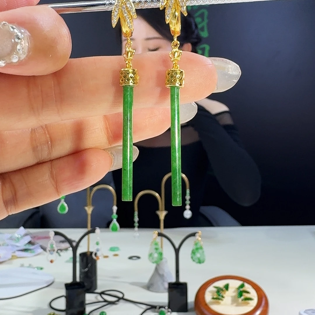 翡翠银S925镶嵌耳饰S925银镶嵌