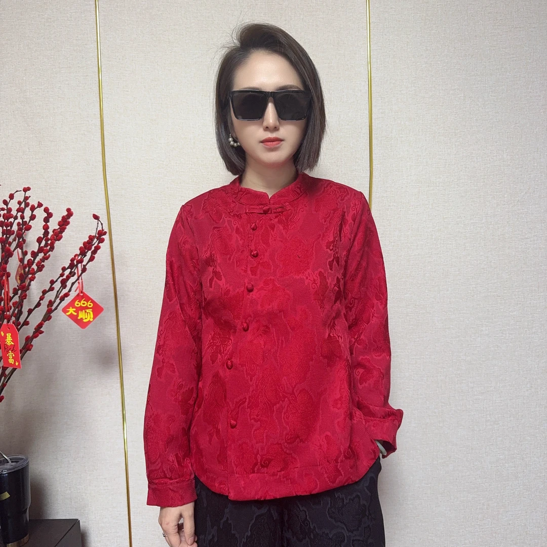 新中式国风提花盘扣立领长袖显瘦百搭女士上衣5314