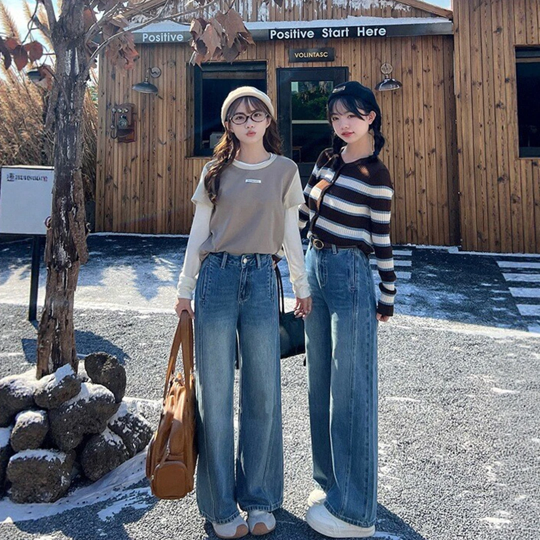 秋季新款弹力高腰百搭蓝色阔腿牛仔裤梨形身材大码宽松显瘦直筒裤