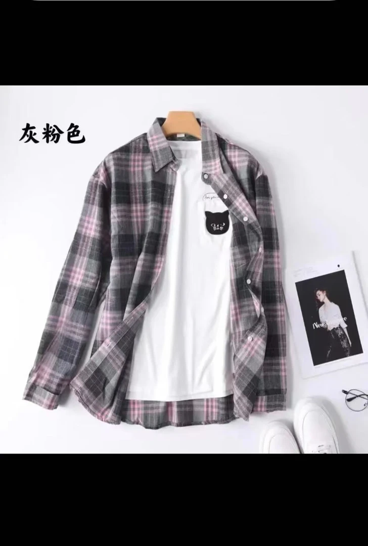 格子条纹长袖春季磨毛衬衫潮流上衣不褪色女装休闲百搭经典衬衣