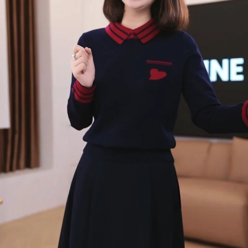 新款爱心提花翻领针织衫女秋冬时尚百搭加厚上衣