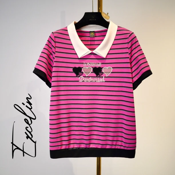 【玫粉爱心条纹翻领短袖】夏季新款洋气高档时尚显瘦女士出行T恤