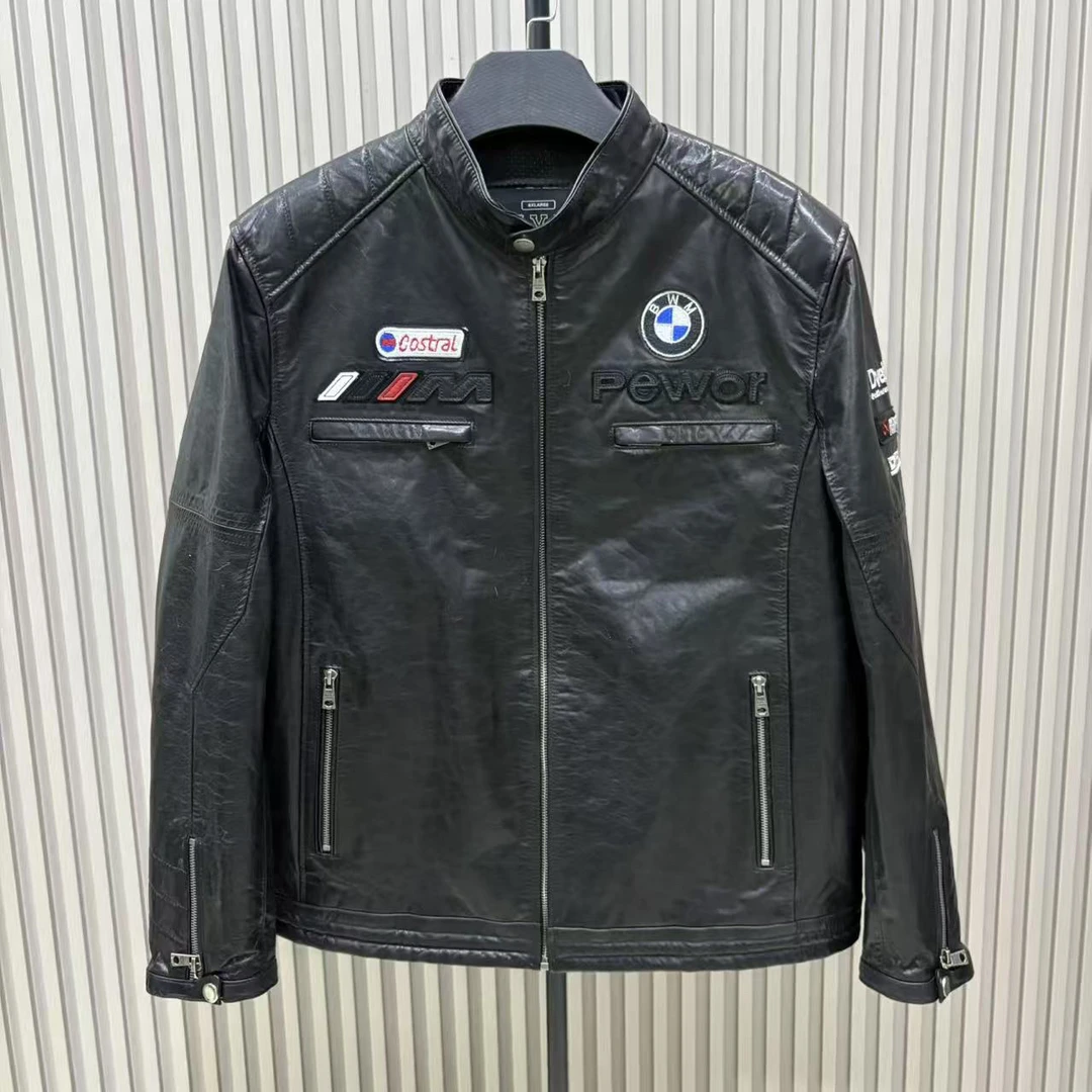 新款男士立领油蜡牛皮真皮重工刺绣春秋时尚夹克外套