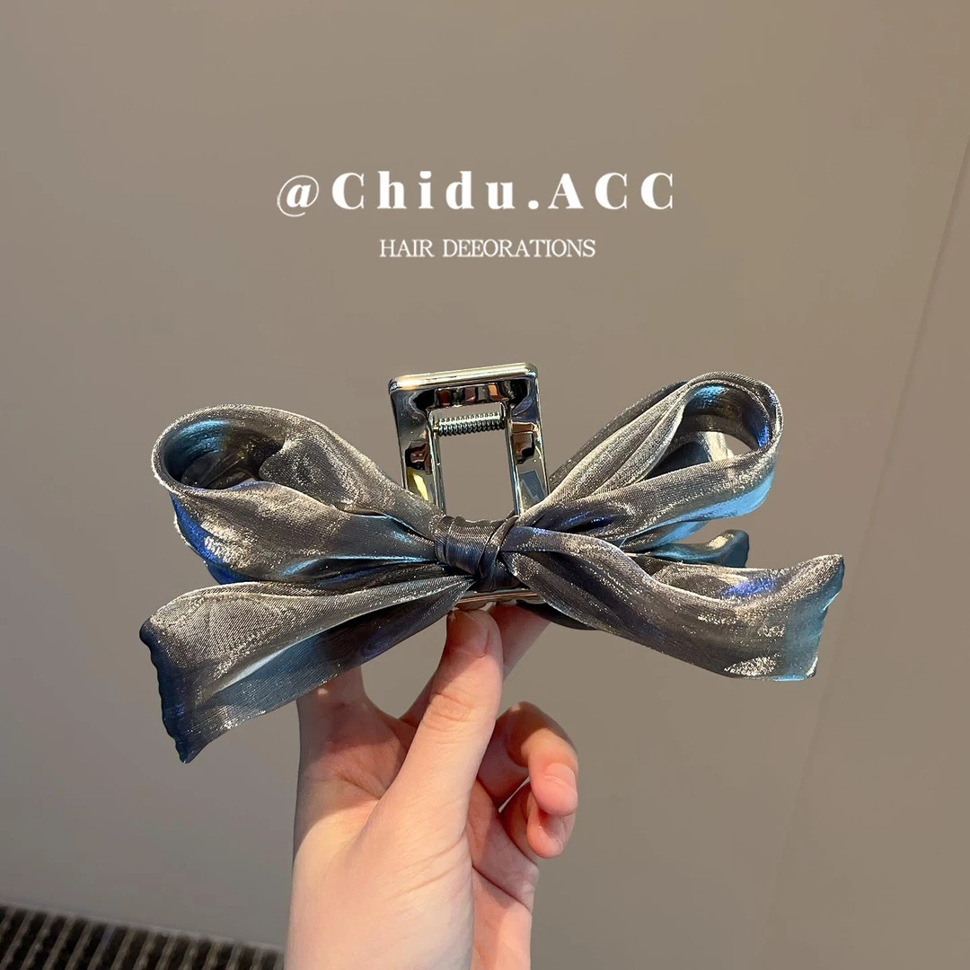 气质加成~清冷银灰珠光欧根纱大蝴蝶结鲨鱼夹后脑勺夹子头饰抓夹