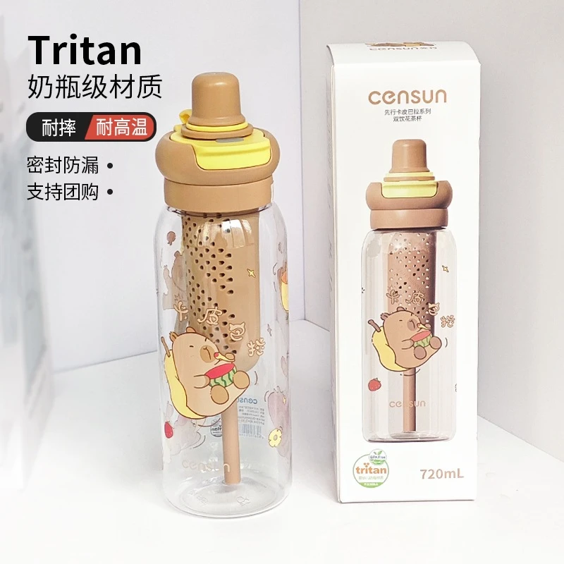 25K272卡皮巴拉花茶杯双饮口2025新款塑料杯卡通直身学生水杯吸管