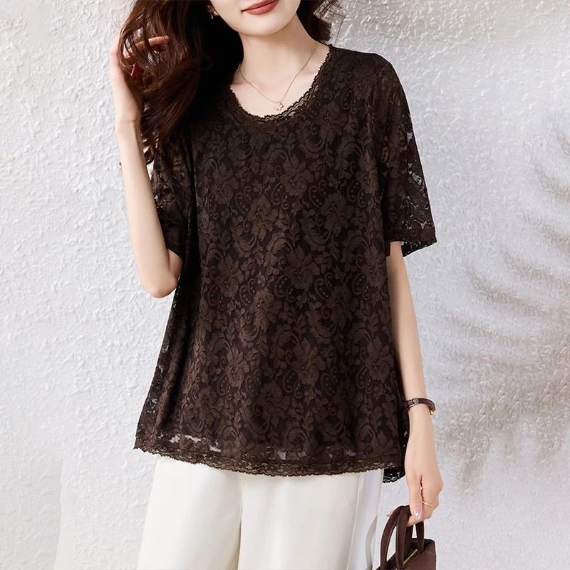 蕾丝上衣宽松妈妈装加肥加大码小衫2025夏季新款中长款短袖t恤女