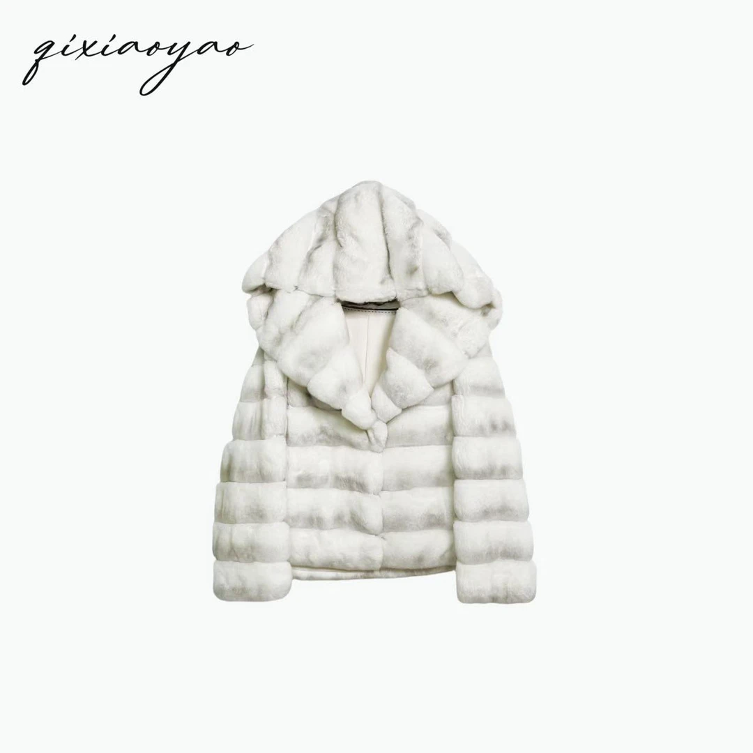 Qixiaoyao【白雪公主】白色连帽青紫蓝兔龙猫皮草外套#BHHD060