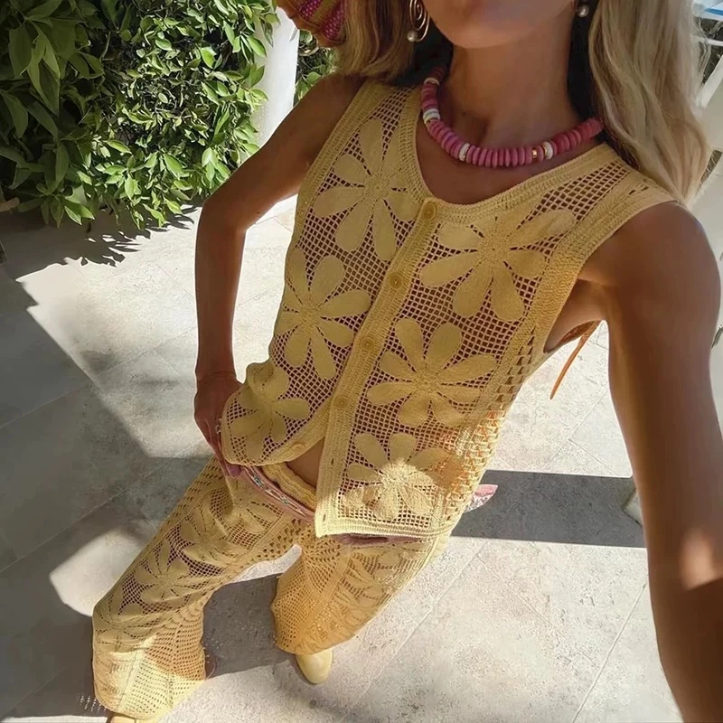 MN.南油原创法式夏季复古镂空钩织对花圆领无袖针织上衣长袖套装