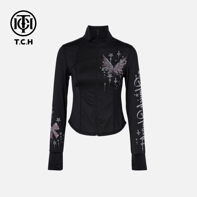 TCH轻奢烫钻工艺时尚休闲黑色长袖修身外套女T75B27E1013私服tch
