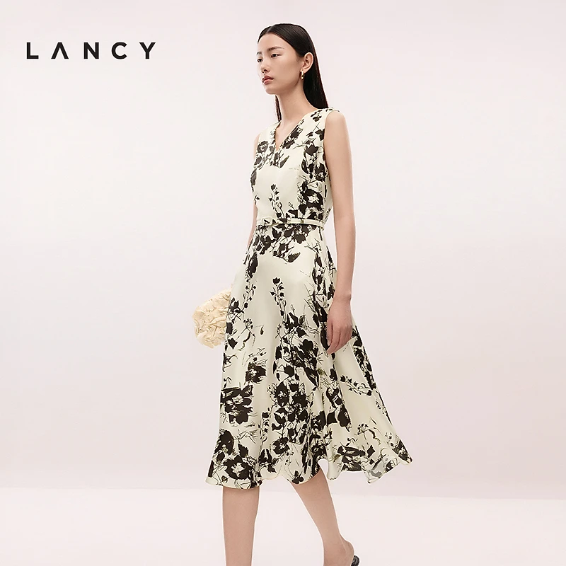 [真丝]LANCY/朗姿2025夏季新款水墨印花气质V领收腰无袖连衣裙