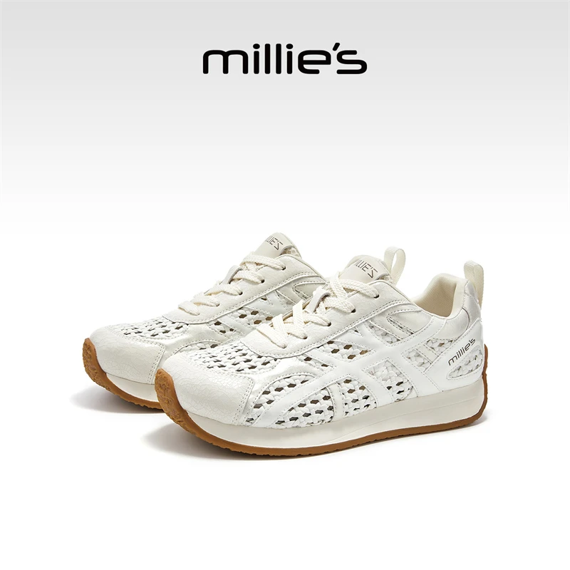 MILLIE'S/妙丽2025新款透气编织复古风百搭厚底休闲鞋运动老爹鞋