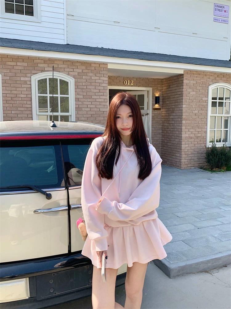 韩系学院风减龄长袖连帽卫衣短裙两件套女春季新款宽松休闲套装