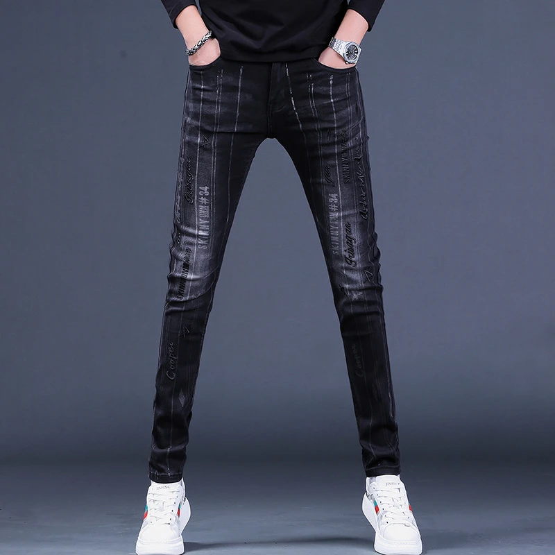 One What轻奢高品质黑色条纹牛仔裤秋季新款男印花刺绣修身小脚裤