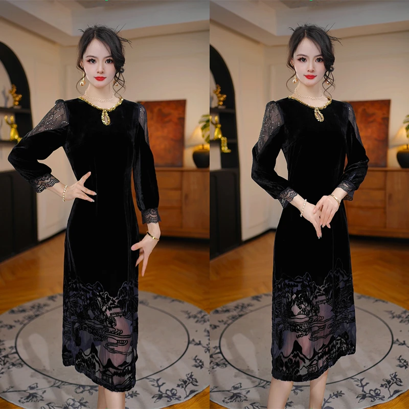 [金蕊夜色]2025秋季新款收腰显瘦洋气减龄轻奢女人味黑色连衣裙