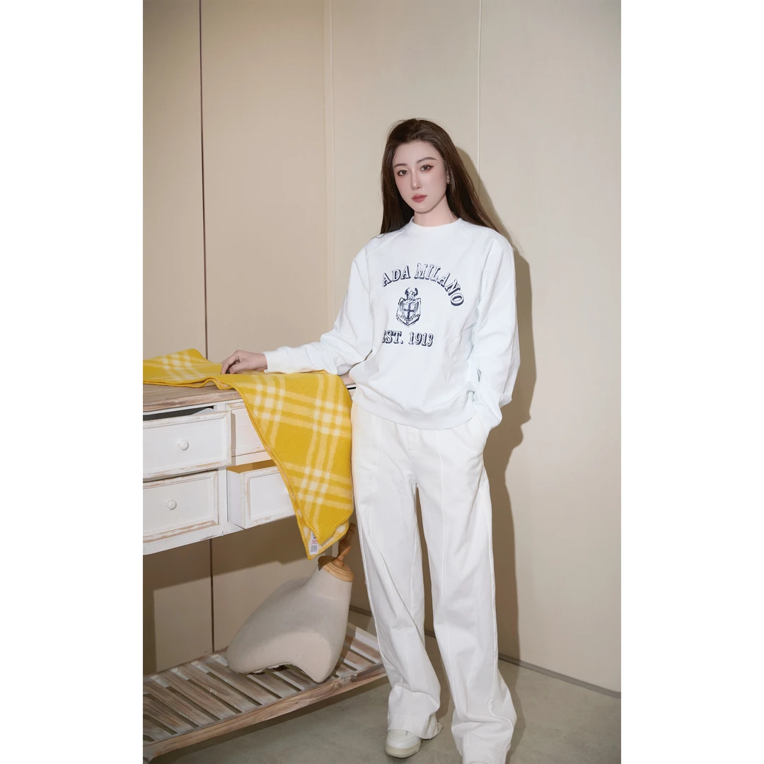 LMERENCE “柒禾”女士棉质字母印花圆领休闲白色卫衣