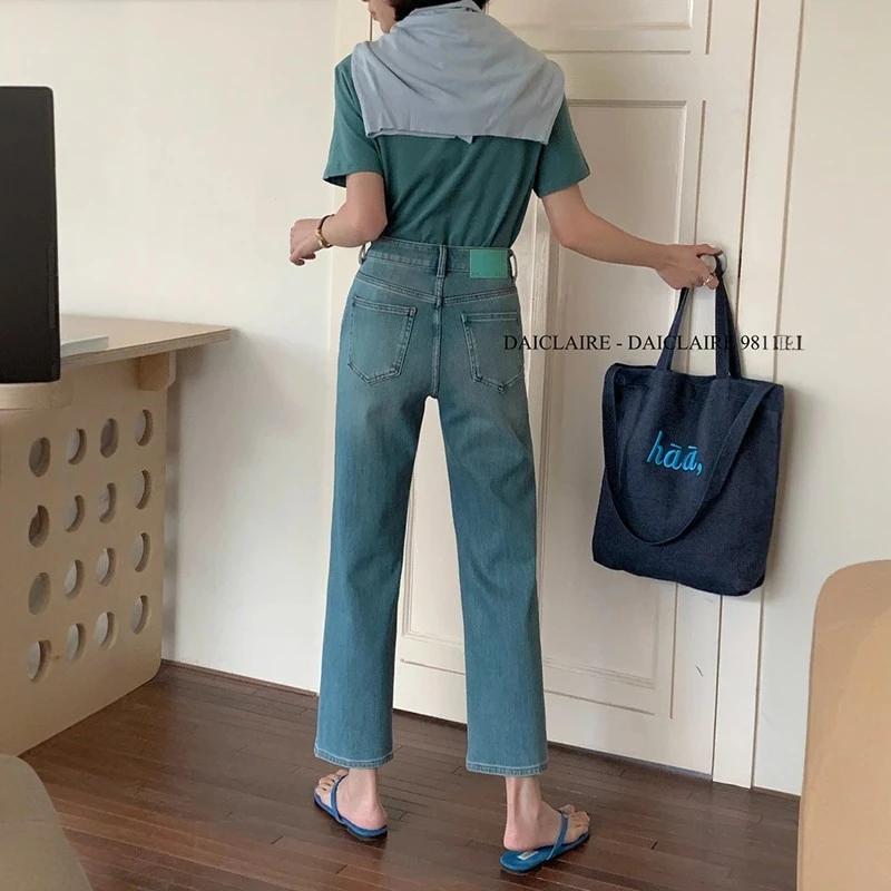 代嘉儿daiclaire牛仔裤女春秋高腰弹力显瘦蓝色九分法棍裤98113