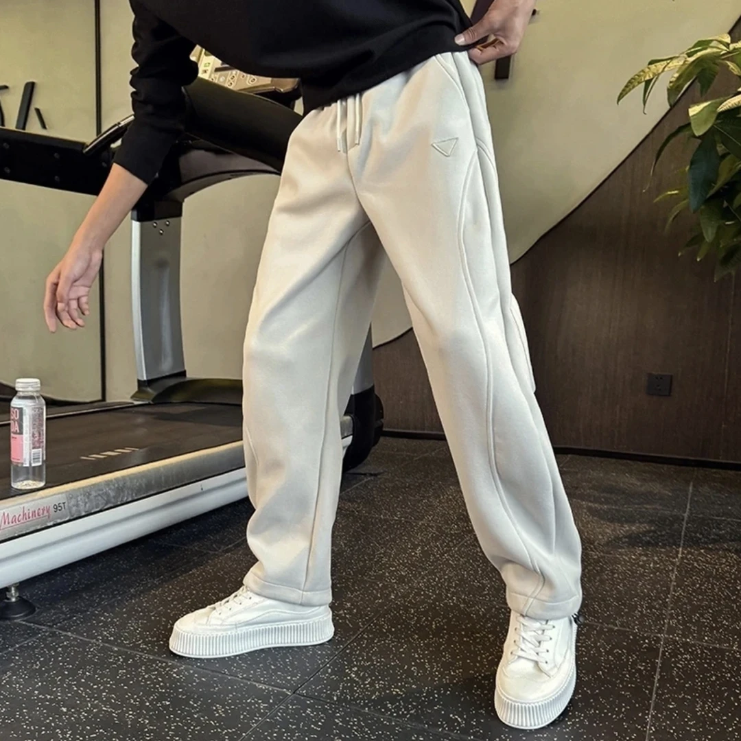 2025秋冬新款加绒保暖宽松直筒卫裤男美式潮牌拼接裁剪运动休闲裤