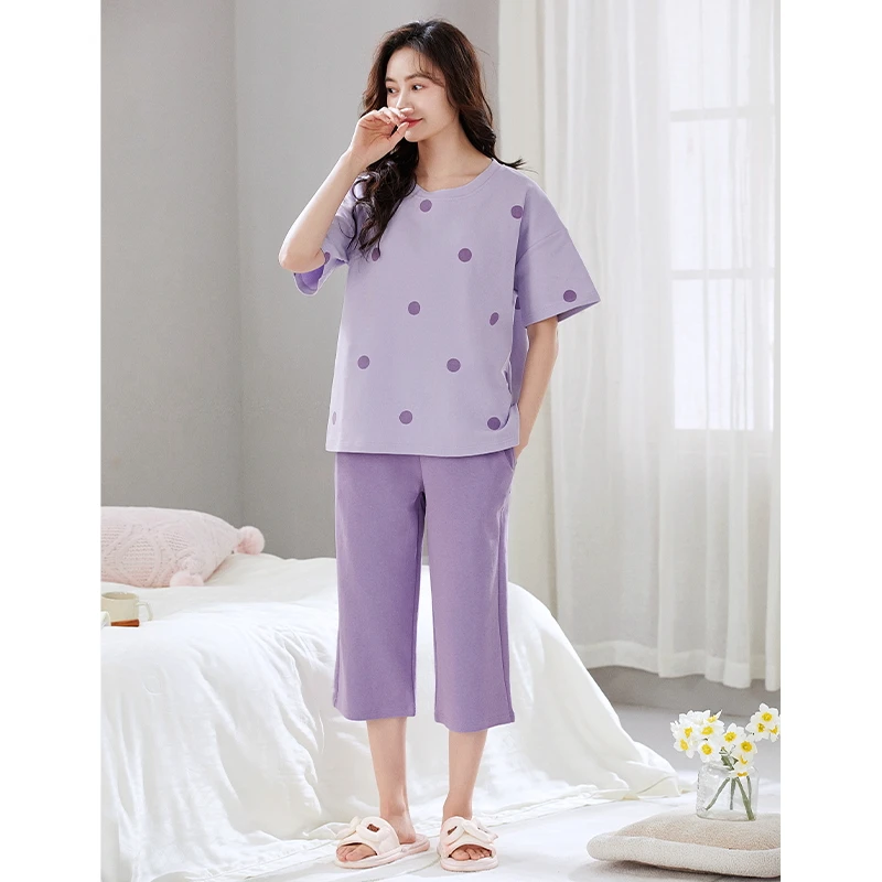 睡衣女夏季全棉七分裤短袖宽松学生带胸垫家居服100%纯棉外穿套装
