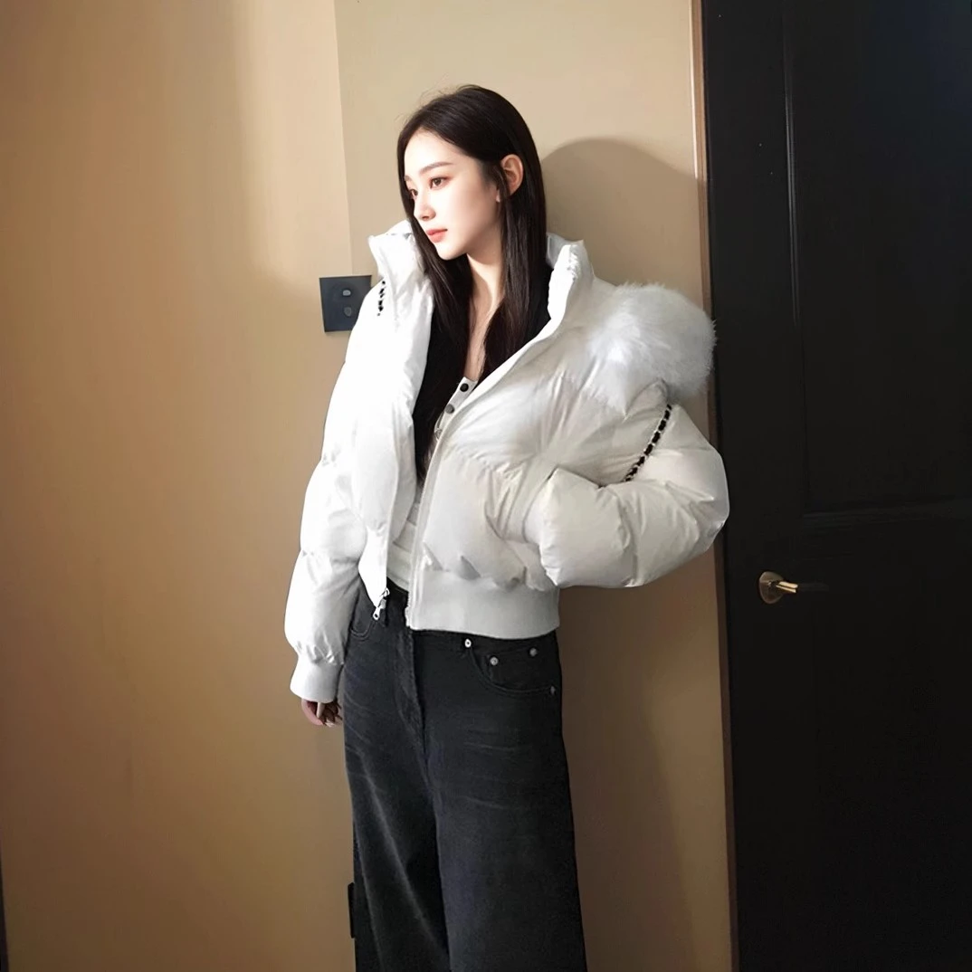 美式毛领连帽羽绒棉服女2025冬季新款收腰休闲保暖短款面包服外套