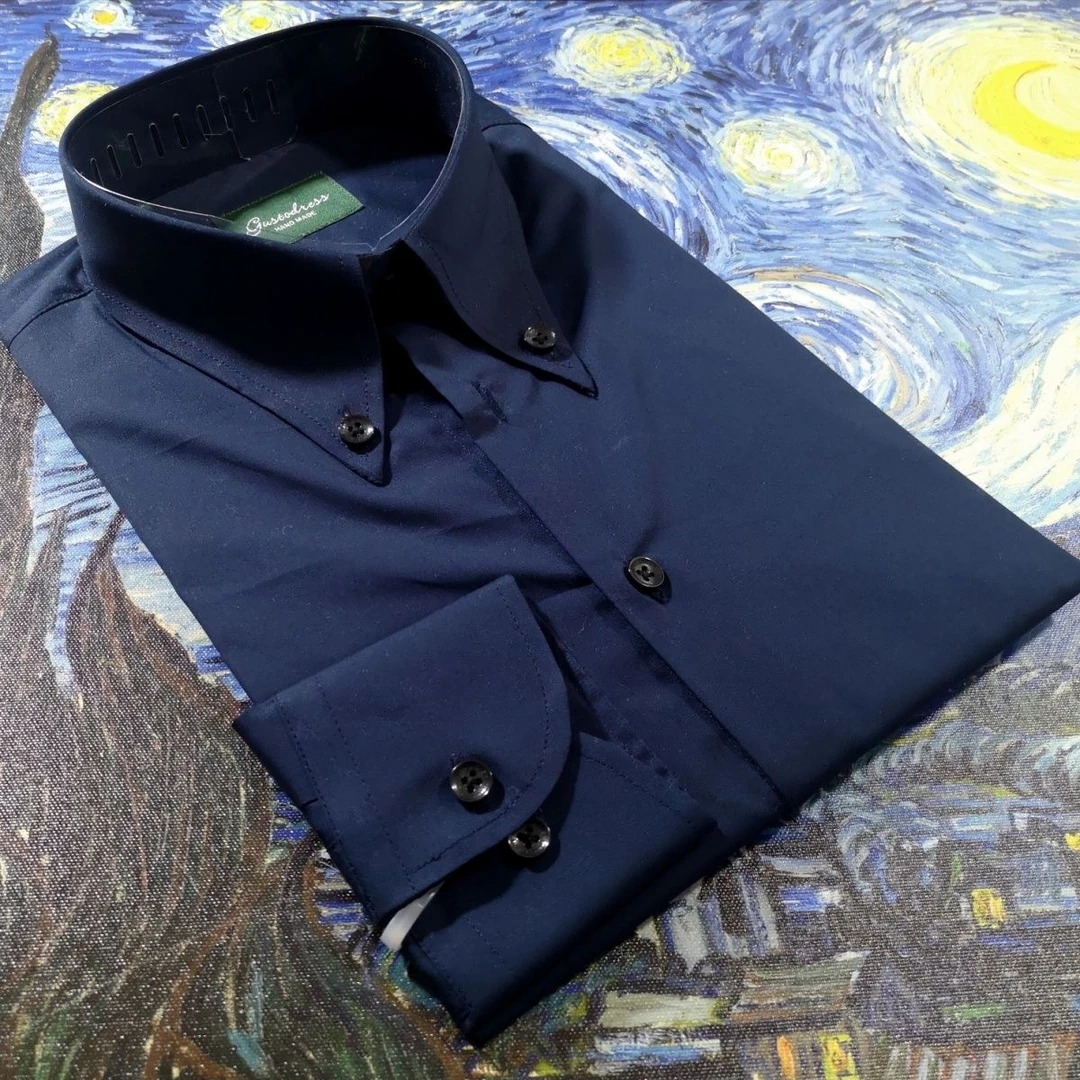 亨赞服饰纯棉藏青英式长尖领扣领男士修身长袖纯色衬衫主播主持