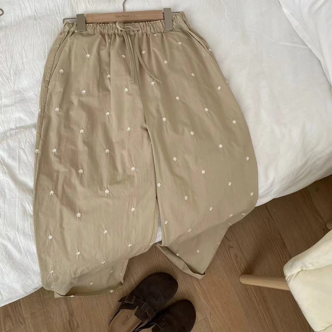 小文姐 W1129-高腰松紧直筒显瘦抽绳小个子百搭刺绣小花休闲裤