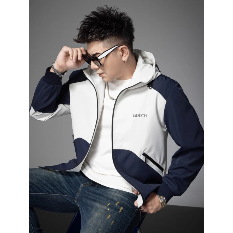 连帽外套男士秋冬季新款欧货高端拼色潮牌高级感潮流休闲夹克帅气