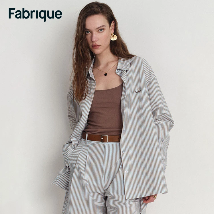 【Fabrique】 Ethan春夏新款浅蓝棕条纹纯棉府绸条纹衬衫与短裤套装