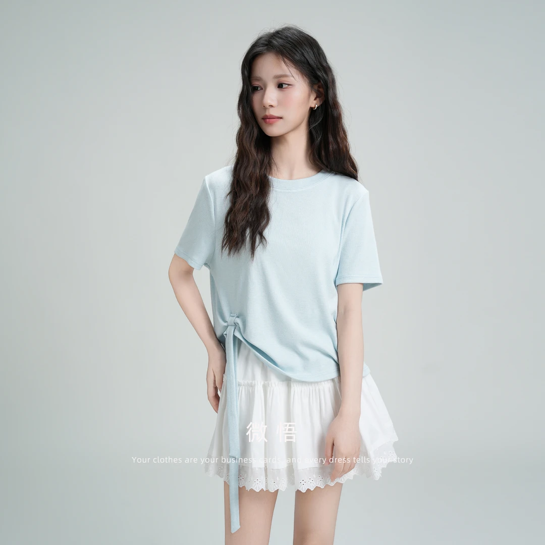 简约蓝色不规则抽绳短袖T恤女2025年新款夏季显瘦正肩设计感上衣