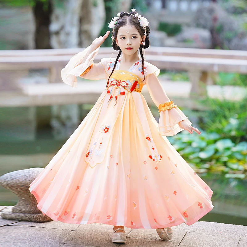 A368女童汉服中国风儿童连衣裙古装新中式秋长袖秋小女孩公主裙子