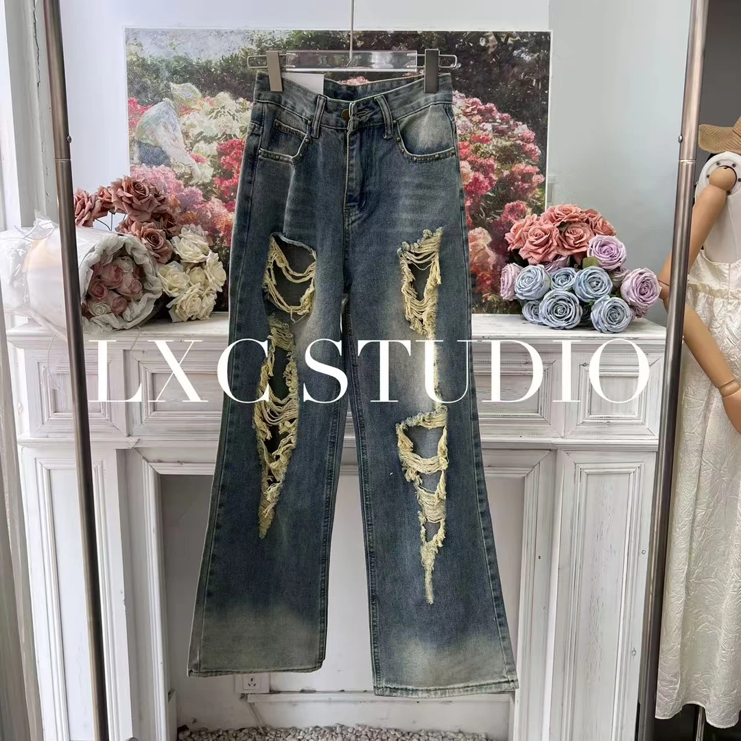 YA-我必留的·不规则破洞做旧牛仔阔腿裤【8630】运输有褶皱