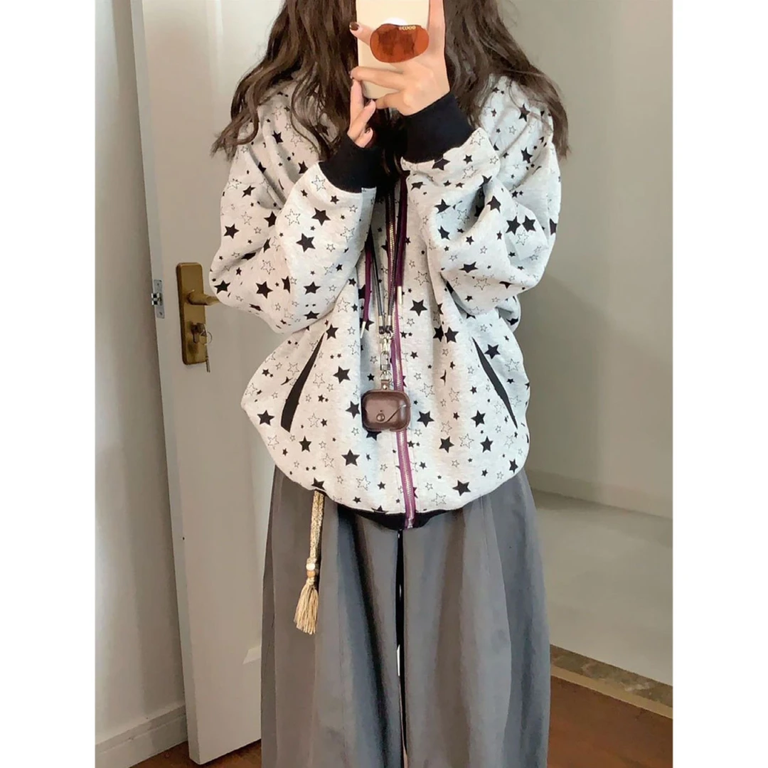 纯棉美式复古满印星星连帽卫衣女春秋宽松国潮学生拉链开衫外套