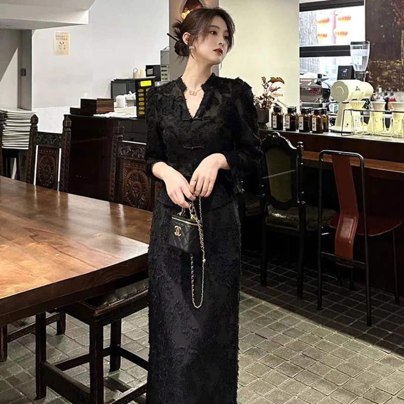 新中式国风套装女2024新款早秋穿搭小个子茶系一整套半身裙两件套