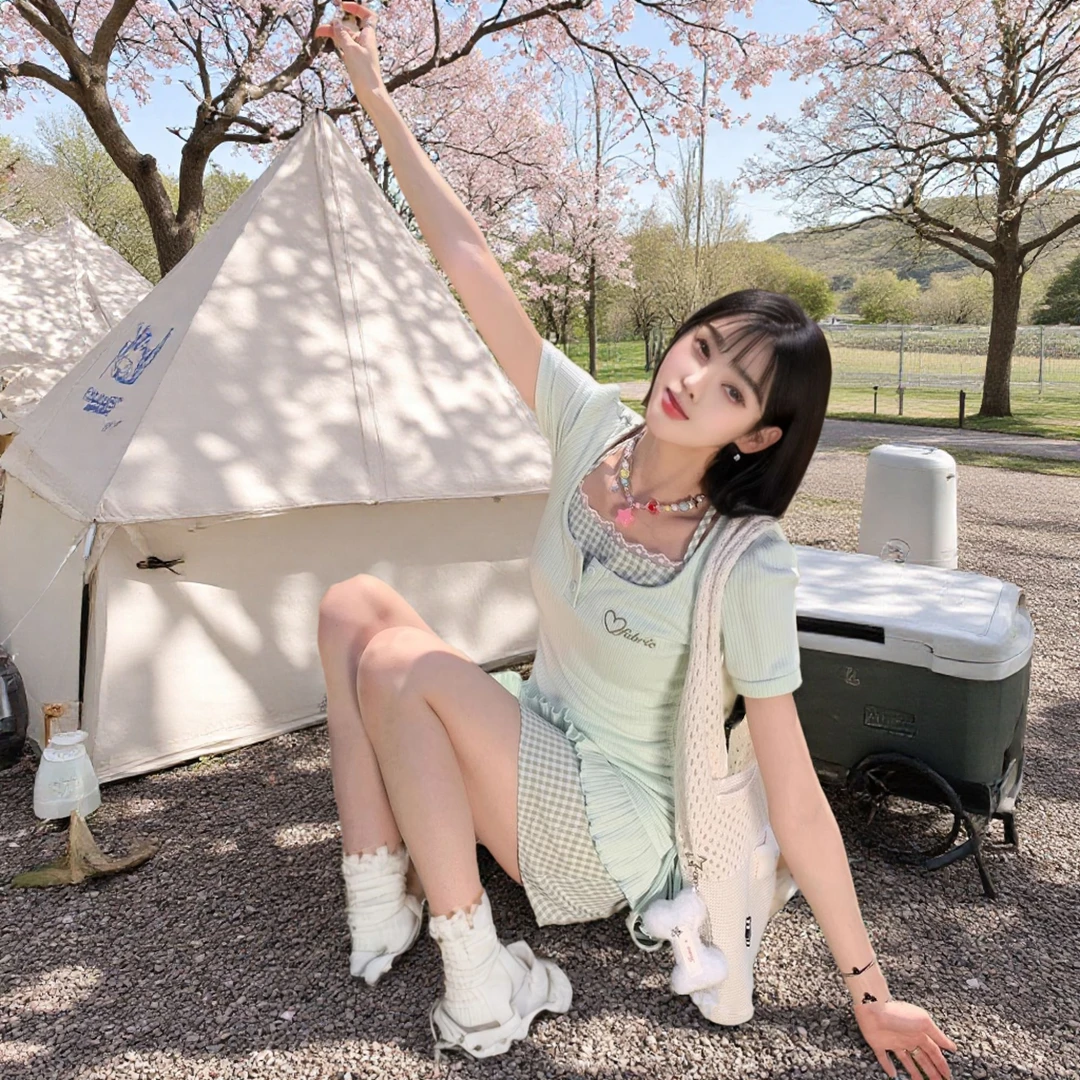 海盐甜心-甜美短袖连衣裙女小个子夏季2025新款吊带+裙子两件套潮