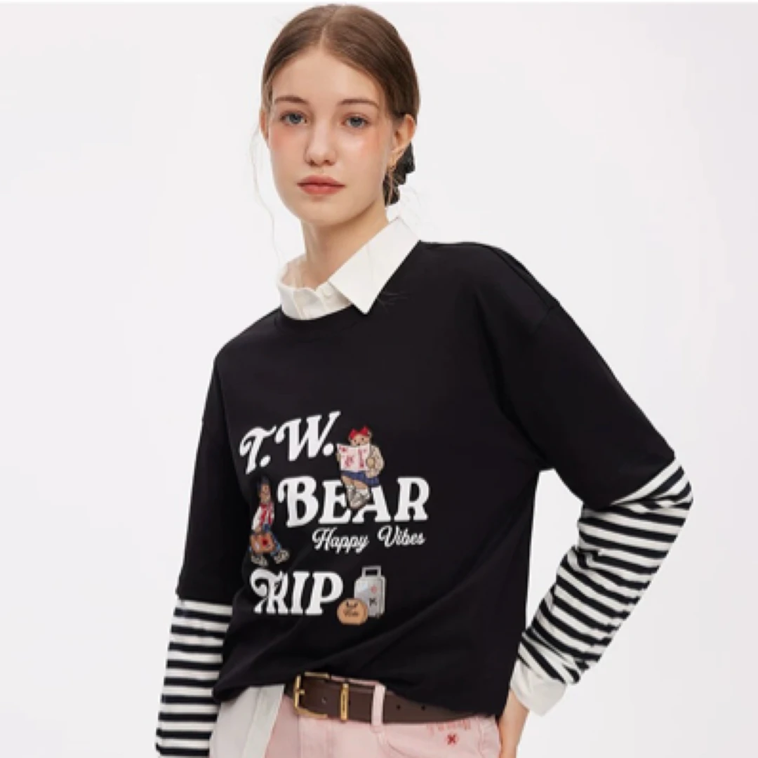 春季新款美式复古假两件拼接长袖T恤学院风上衣