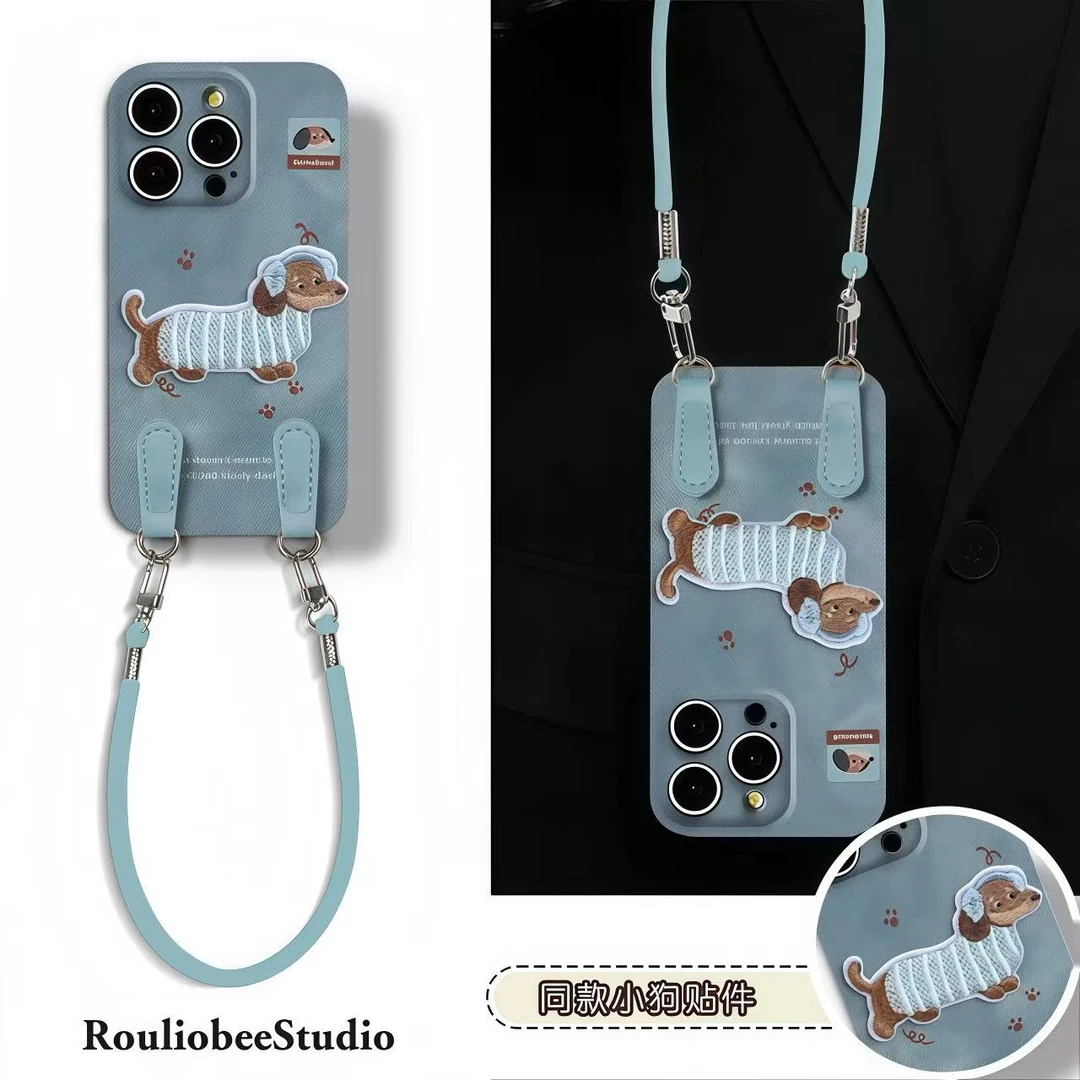 牛仔纹刺绣腊肠狗挂绳适用iPhone17苹果16手机壳华为vivo小米oppo