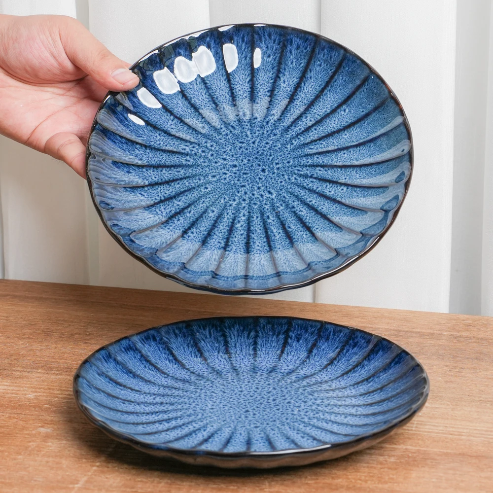 【瑕疵】小盘釉下彩陶瓷盘家用复古窑变蓝天目菊平盘高颜值餐盘E3B