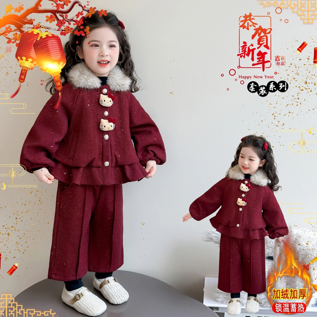 冬季新款女童加绒加厚套装宝宝洋气保暖儿童年服套装小女孩时尚潮