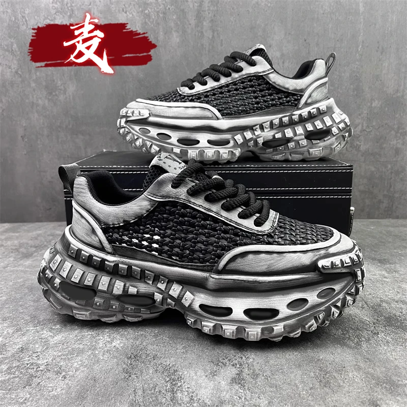 男鞋潮牌夏季网面透气2025新款休闲百搭运动跑步厚底增高老爹潮鞋