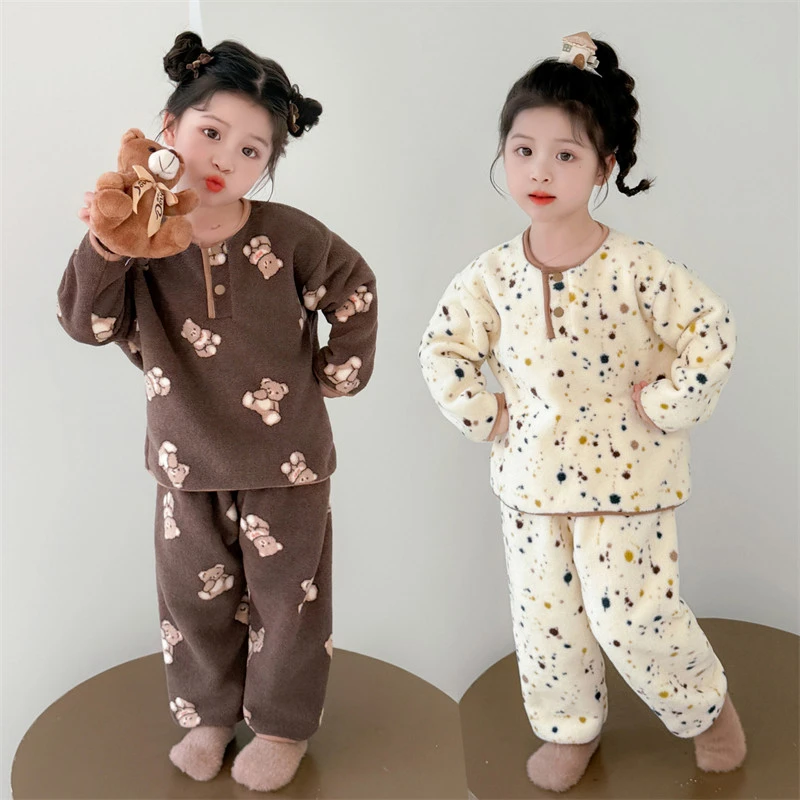 女童秋冬套装珊瑚绒儿童法兰绒家居服女宝宝睡衣可外穿新款两件套