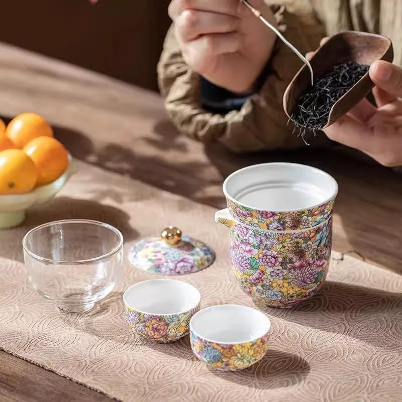 453-珐琅彩一壶三杯精美高级户外旅行茶具羊脂玉景德手抓壶泡茶壶