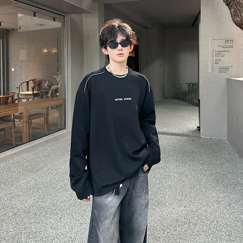 拉链美式高街卫衣男士秋季长袖t恤宽松圆领套头上衣cleanfit外套