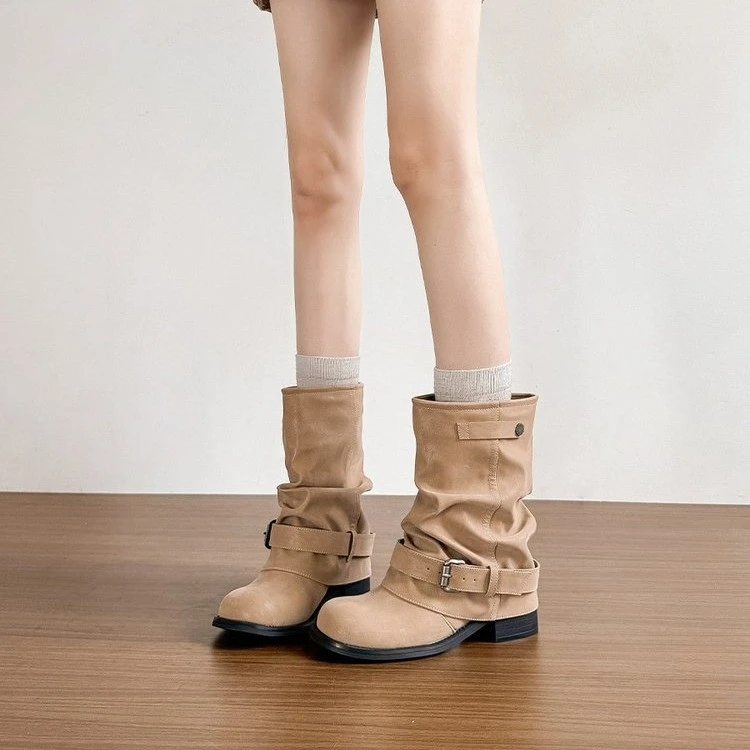 时尚百搭褶皱粗跟马丁靴女2025秋冬季新款皮带扣增高显瘦时装靴女
