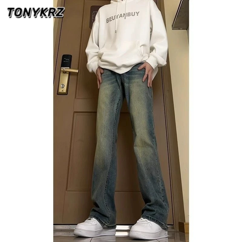 TONYKRZ美式高街vibe牛仔裤cleanfit复古水洗深蓝男直筒微喇长裤