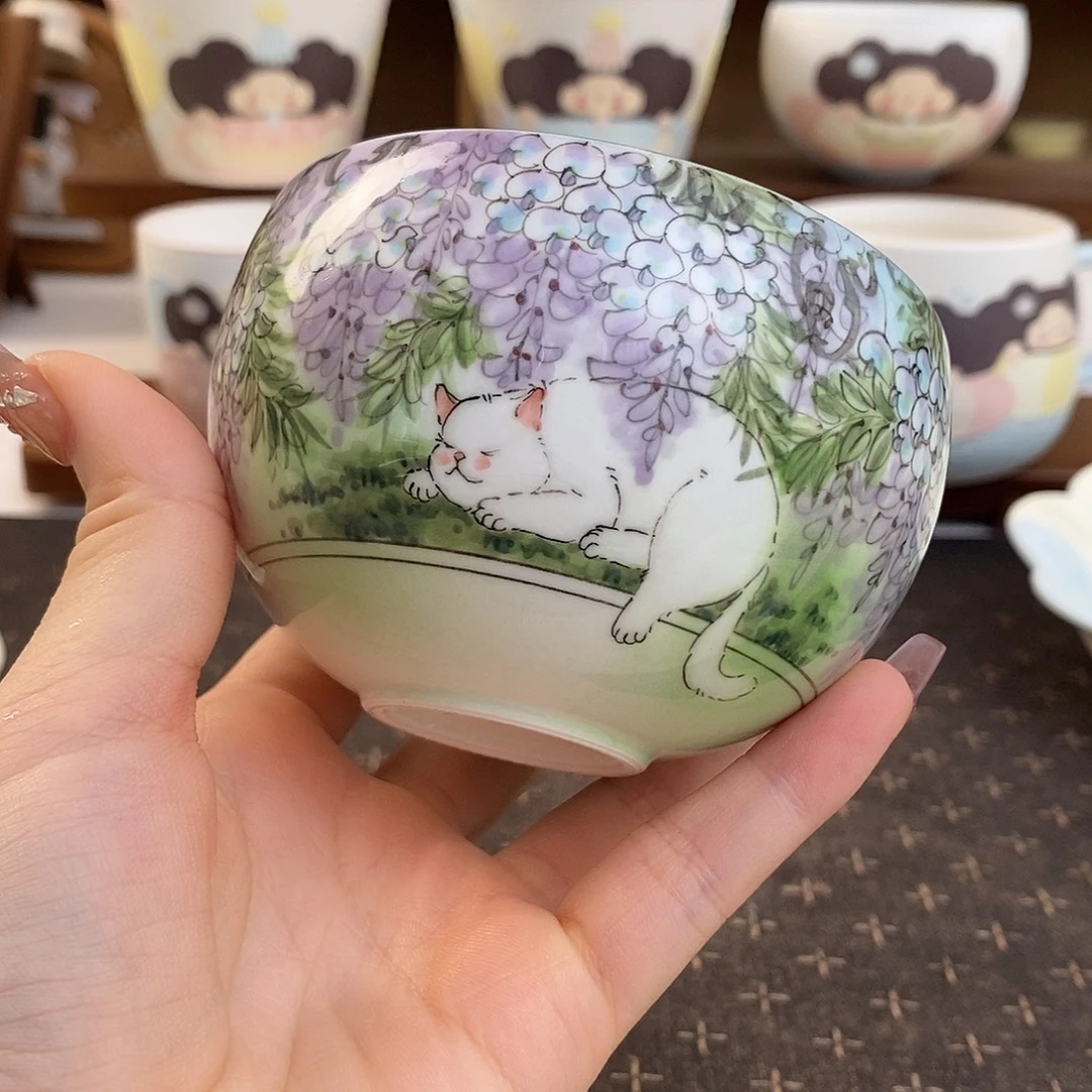 手绘猫咪紫藤花蛋杯