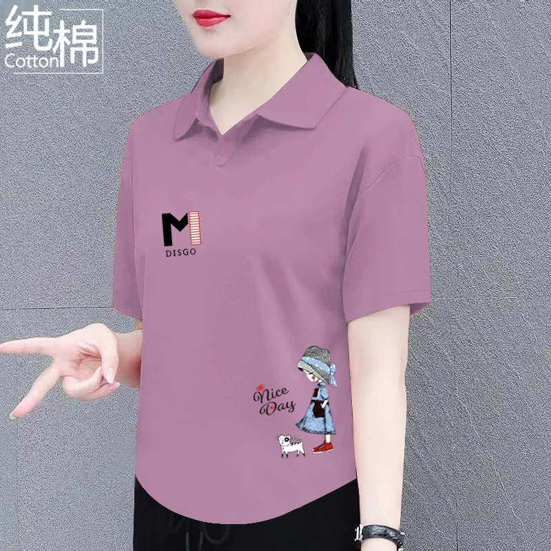 纯棉夏季翻领短袖t恤女新款休闲百搭宽松显瘦时尚洋气polo领上衣