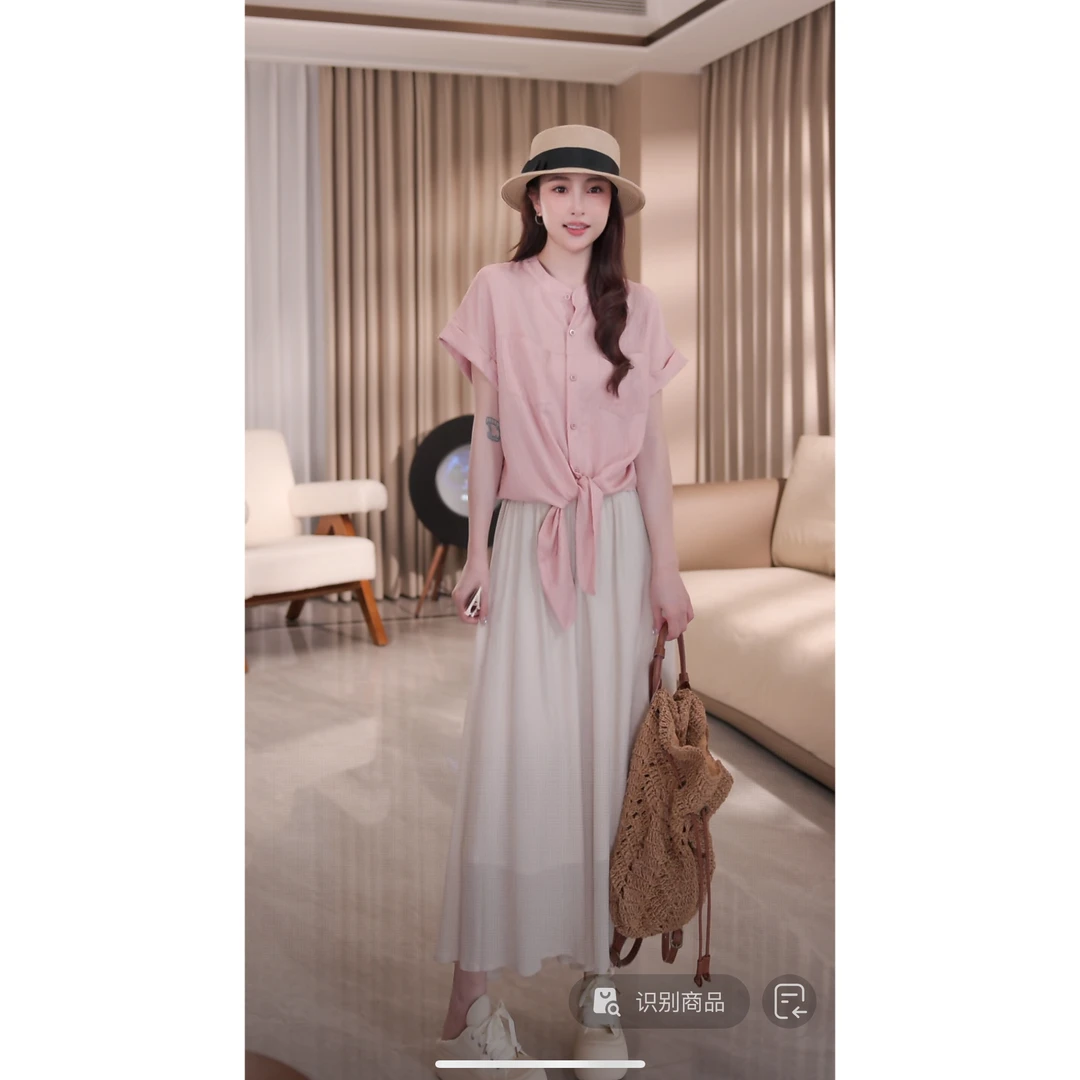 C07038法式亚麻气质温柔风宽松飞飞袖超好看粉色绑带衬衫