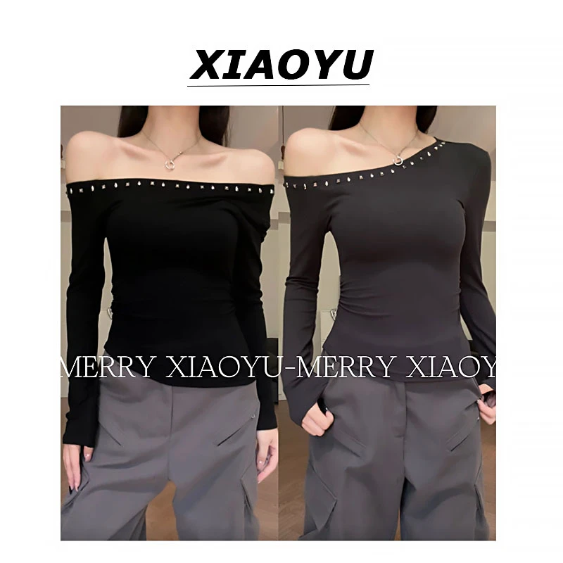 小鱼【街头酷妹】美式辣妹绝美一字斜露肩t恤设计感修身显瘦打底衫