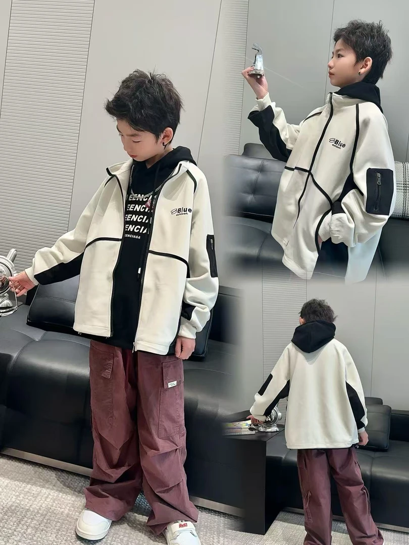 男童春季米色针织棉立领外套中大童潮童装